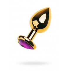 Золотистый анальный плаг с фиолетовым кристаллом-сердцем - 8 см.