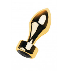 Золотистый каплевидный анальный плаг с чёрным кристаллом - 9,5 см.