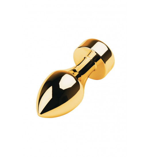 Золотистый каплевидный анальный плаг с чёрным кристаллом - 9,5 см.