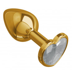 Золотистая анальная втулка с прозрачным кристаллом-сердцем - 7 см.