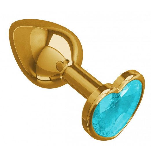 Золотистая анальная втулка с голубым кристаллом-сердцем - 7 см.