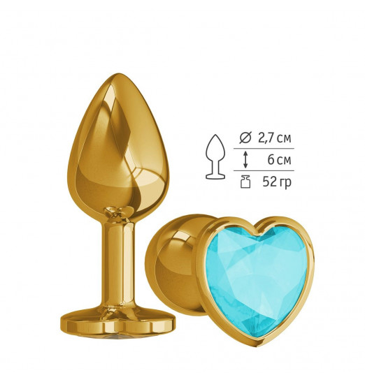 Золотистая анальная втулка с голубым кристаллом-сердцем - 7 см.