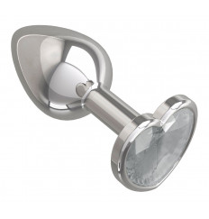Серебристая анальная втулка с прозрачным кристаллом-сердцем - 7 см.