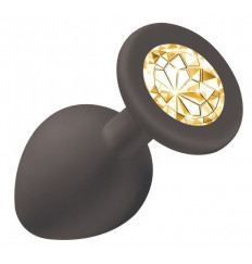 Чёрная анальная пробка Emotions Cutie Medium с желтым кристаллом - 8,5 см.