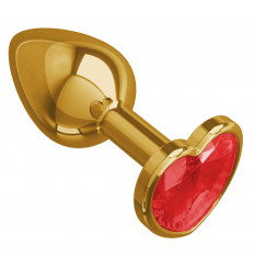 Золотистая анальная втулка с красным кристаллом-сердцем - 7 см.