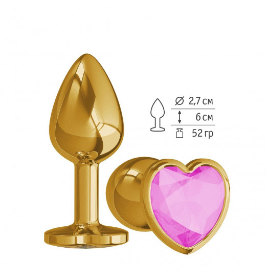 Золотистая анальная втулка с розовым кристаллом-сердцем - 7 см.