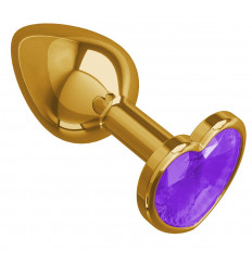 Золотистая анальная втулка с фиолетовым кристаллом-сердцем - 7 см.