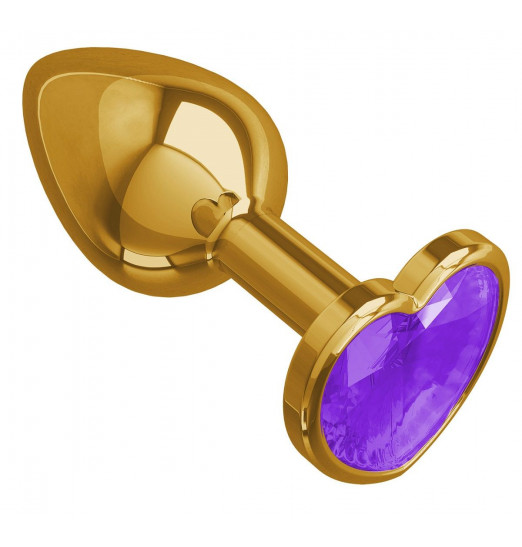 Золотистая анальная втулка с фиолетовым кристаллом-сердцем - 7 см.