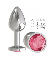 Серебристая анальная втулка с малиновым кристаллом - 7 см.