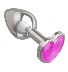 Серебристая анальная втулка с розовым кристаллом-сердцем - 7 см.