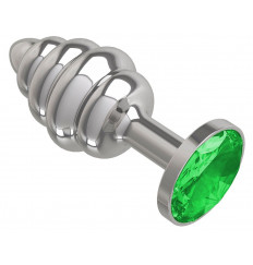 Серебристая пробка с рёбрышками и зеленым кристаллом - 7 см.