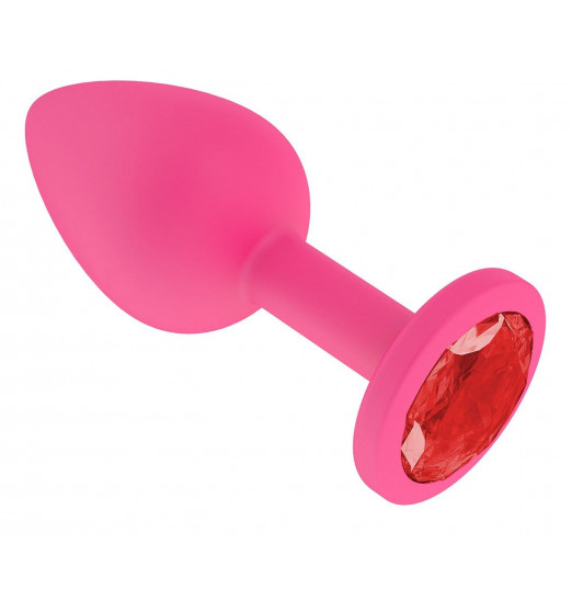 Розовая силиконовая анальная втулка с красным кристаллом - 7,3 см.