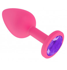 Розовая анальная втулка с фиолетовым кристаллом - 7,3 см.