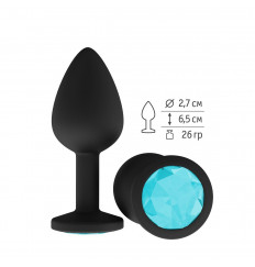 Чёрная анальная втулка с голубым кристаллом - 7,3 см.