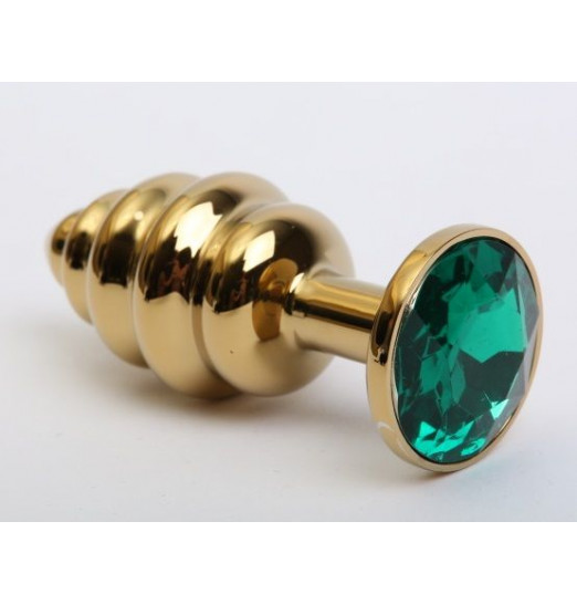 Золотистая рифлёная пробка с зеленым стразом - 8,2 см.