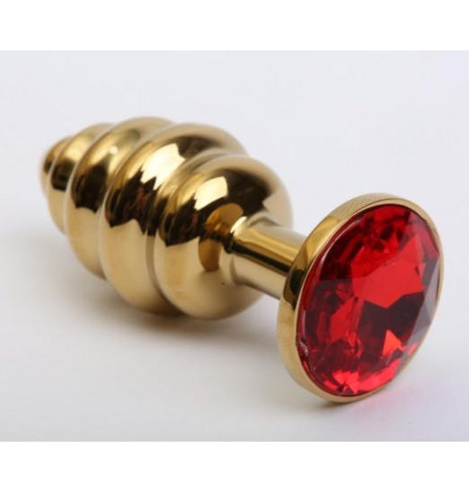 Золотистая рифлёная пробка с красным стразом - 8,2 см.