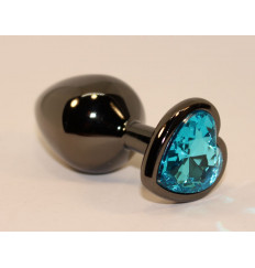 Чёрная анальная пробка с голубым стразом-сердцем - 8 см.