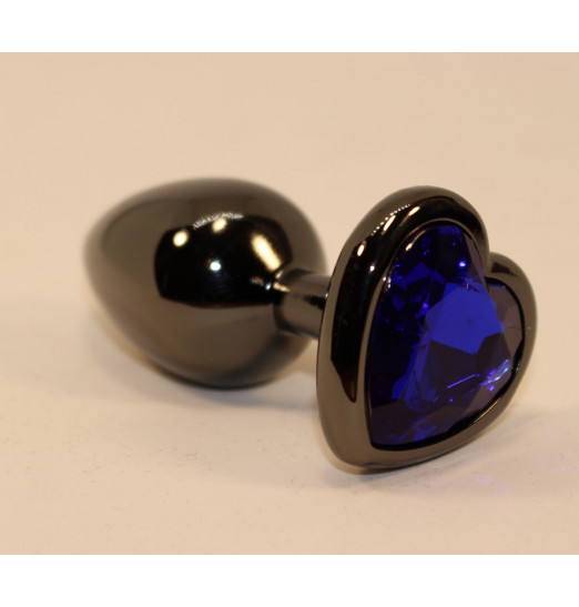 Чёрная анальная пробка с синим стразом-сердцем - 8 см.