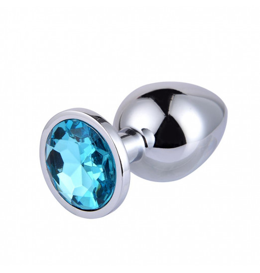 Большая серебристая анальная пробка с голубым кристаллом - 9,5 см.