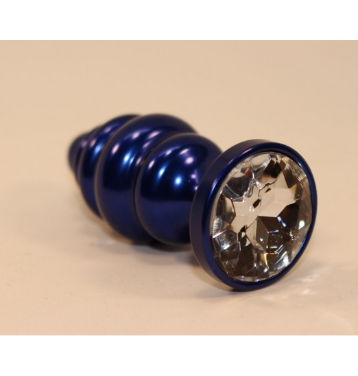 Синяя рифлёная пробка с прозрачным кристаллом - 7,3 см.