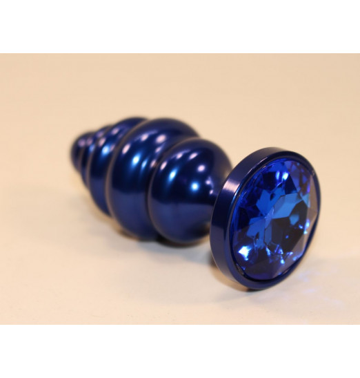 Синяя рифлёная пробка с синим кристаллом - 7,3 см.