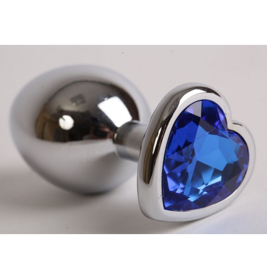 Серебристая анальная пробка с синим кристаллом-сердцем - 9 см.