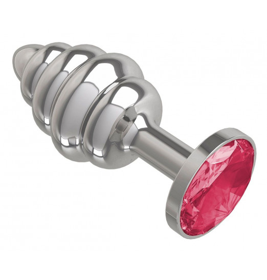 Серебристая пробка с рёбрышками и малиновым кристаллом - 7 см.