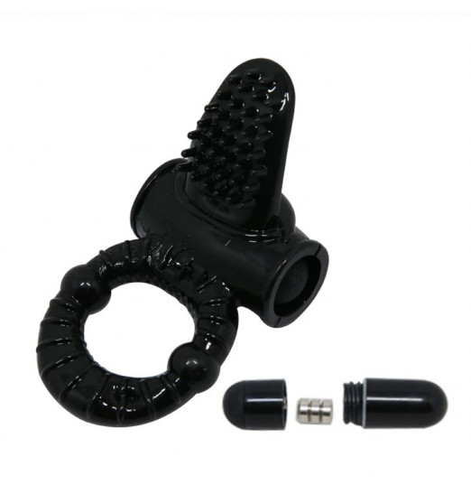 Чёрное эрекционное кольцо с вибрацией и щеточкой для клитора Чёрное эрекционное кольцо с вибрацией и щеточкой для клитора