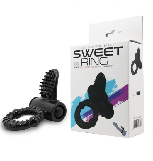 Чёрное эрекционное кольцо с вибрацией и щеточкой для клитора Чёрное эрекционное кольцо с вибрацией и щеточкой для клитора