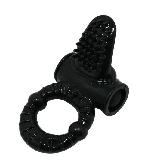 Чёрное эрекционное кольцо с вибрацией и щеточкой для клитора Чёрное эрекционное кольцо с вибрацией и щеточкой для клитора