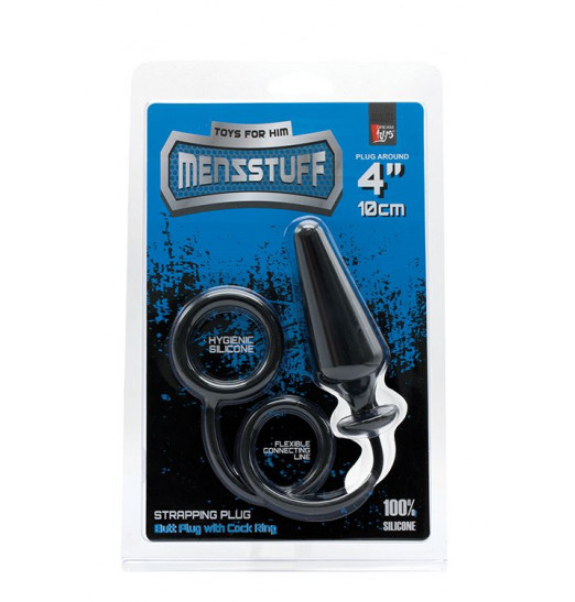 Чёрное эрекционное кольцо с анальной пробкой MENZSTUFF 4INCH SINGLE RING ANAL PLUG