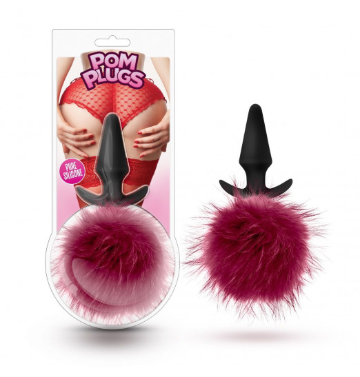 Силиконовая анальная пробка с бордовым заячьим хвостом Fur Pom Pom - 12,7 см.