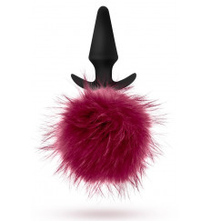 Силиконовая анальная пробка с бордовым заячьим хвостом Fur Pom Pom - 12,7 см.