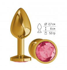 Золотистая анальная втулка с малиновым кристаллом - 7 см.