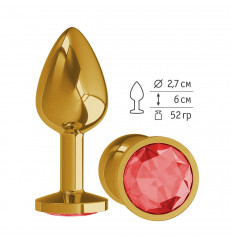 Золотистая анальная втулка с красным кристаллом - 7 см.