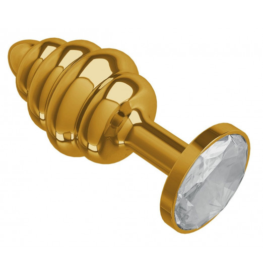 Золотистая пробка с рёбрышками и прозрачным кристаллом - 7 см.