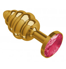 Золотистая пробка с рёбрышками и малиновым кристаллом - 7 см.