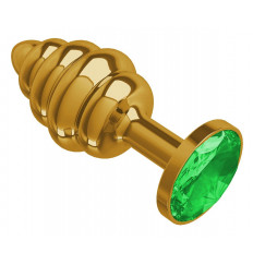 Золотистая пробка с рёбрышками и зеленым кристаллом - 7 см.