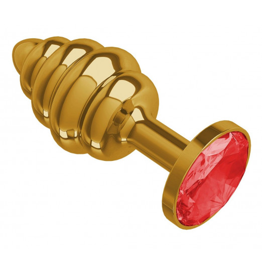 Золотистая пробка с рёбрышками и красным кристаллом - 7 см.
