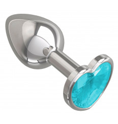 Серебристая анальная втулка с голубым кристаллом-сердцем - 7 см.