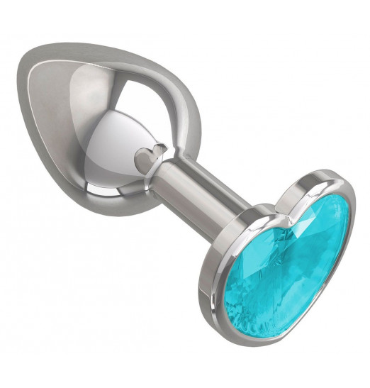 Серебристая анальная втулка с голубым кристаллом-сердцем - 7 см.