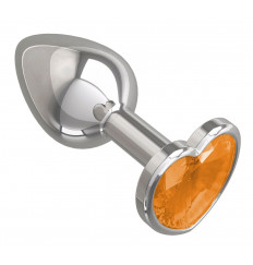 Серебристая анальная втулка с оранжевым кристаллом-сердцем - 7 см.