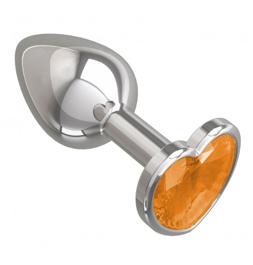 Серебристая анальная втулка с оранжевым кристаллом-сердцем - 7 см.