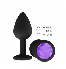 Чёрная анальная втулка с фиолетовым кристаллом - 7,3 см.