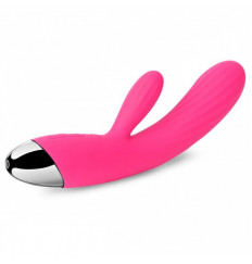 Ярко-розовый вибратор Angel с ребристым стволом, клиторальным отростком и нагревом - 19 см.