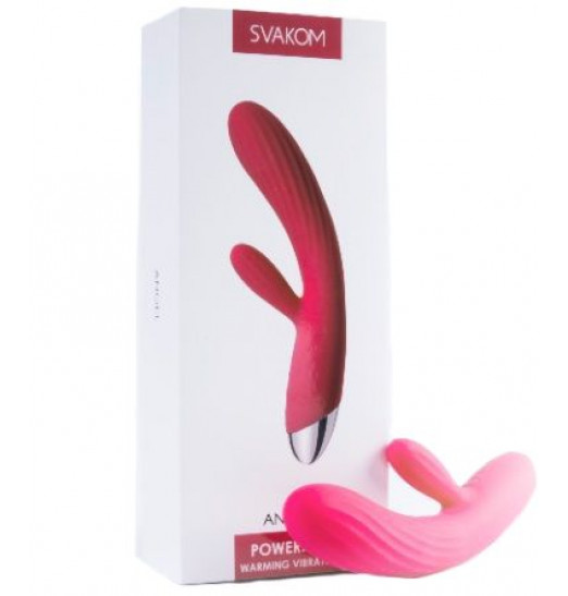 Ярко-розовый вибратор Angel с ребристым стволом, клиторальным отростком и нагревом - 19 см.