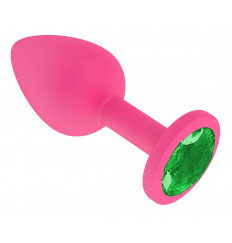 Розовая анальная втулка с зеленым кристаллом - 7,3 см.