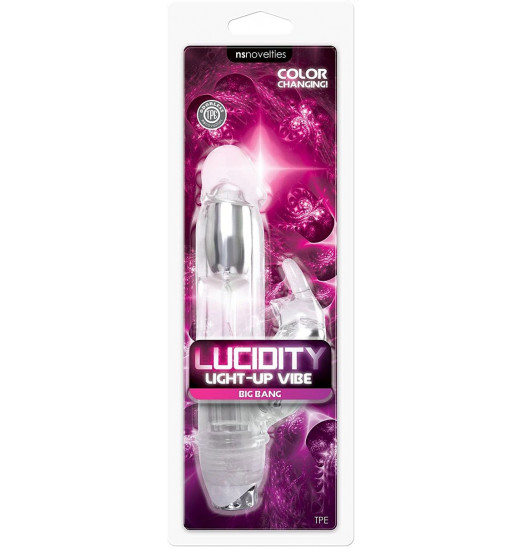 Прозрачный вибратор с клиторальным зайкой Lucidity Big Bang Light Up Vibe - 16 см.