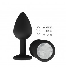Чёрная анальная втулка с прозрачным кристаллом - 7,3 см.