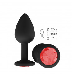 Чёрная анальная втулка с красным кристаллом - 7,3 см.